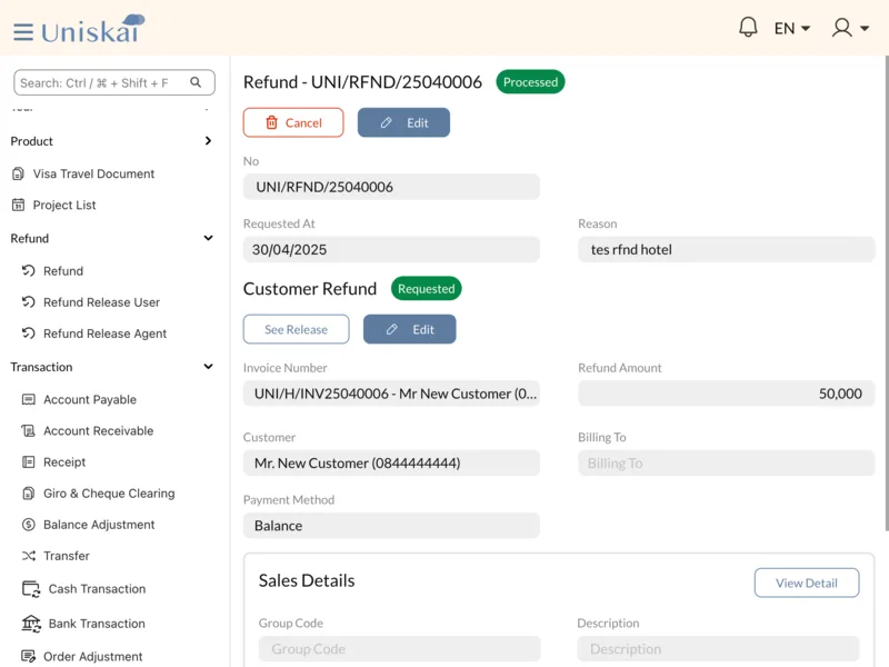 Uniskai admin dashboard interface